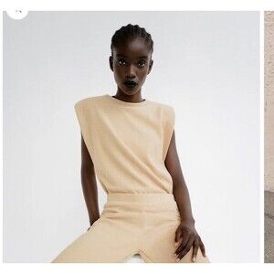 Zara PADDED SHOULDER TOP Vest Sz S Knit Tan